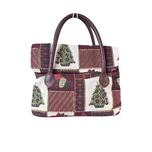 Sanders Red and Green Christmas Tree Tapestry Handbag with Leather Handles